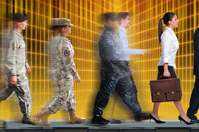Digital art showing service members walking in a line and transitioning from wearing a military uniform to business clothing.